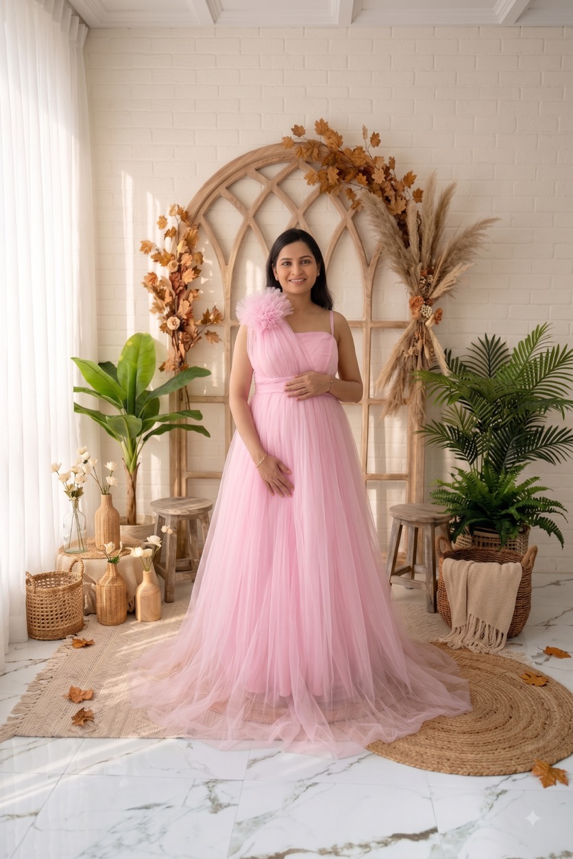 Baby Pink One-Shoulder Tulle - maternity photoshoot gown rental in Chennai