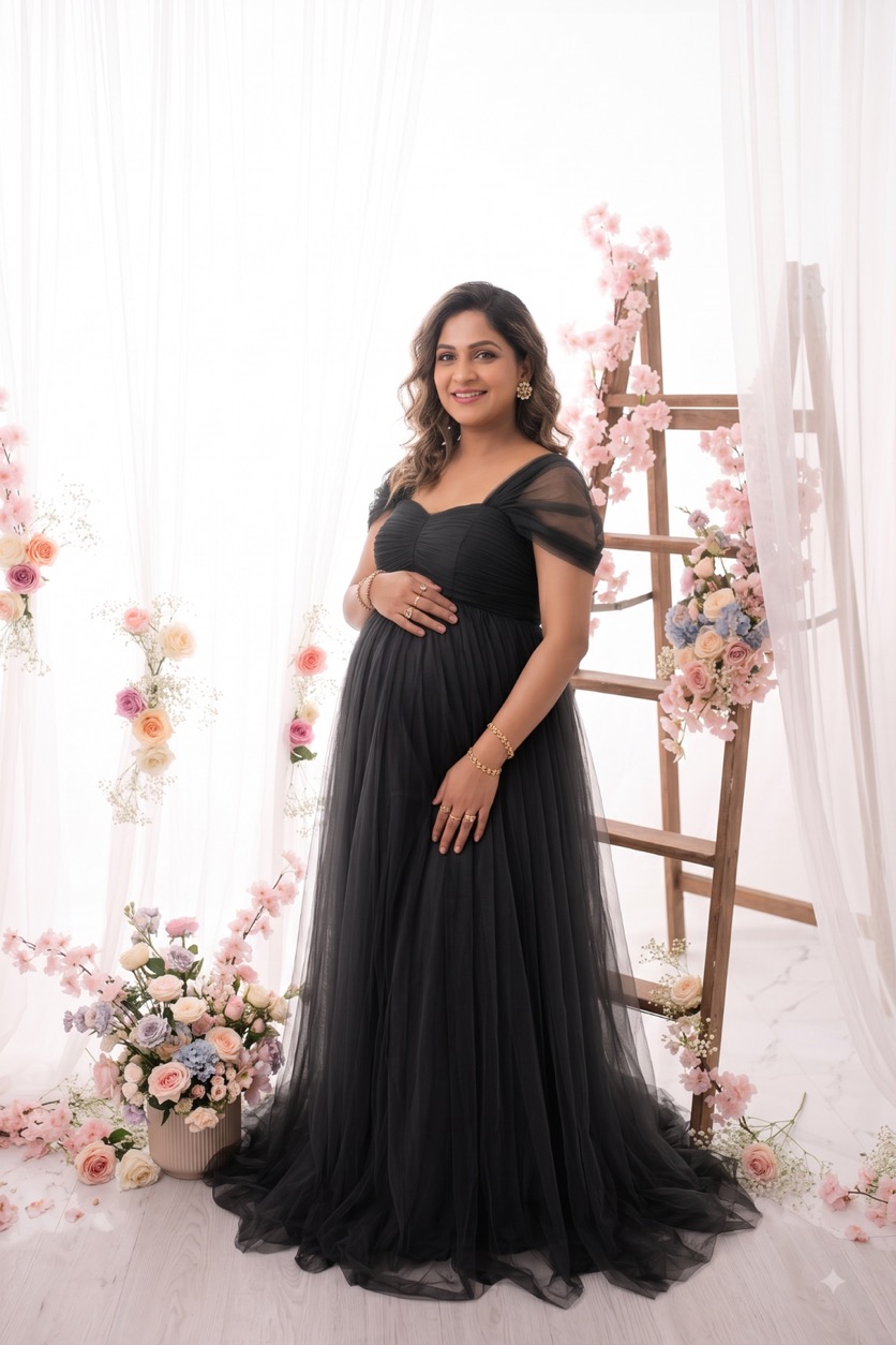 Black Tulle Cap Sleeve - maternity photoshoot gown rental in Chennai