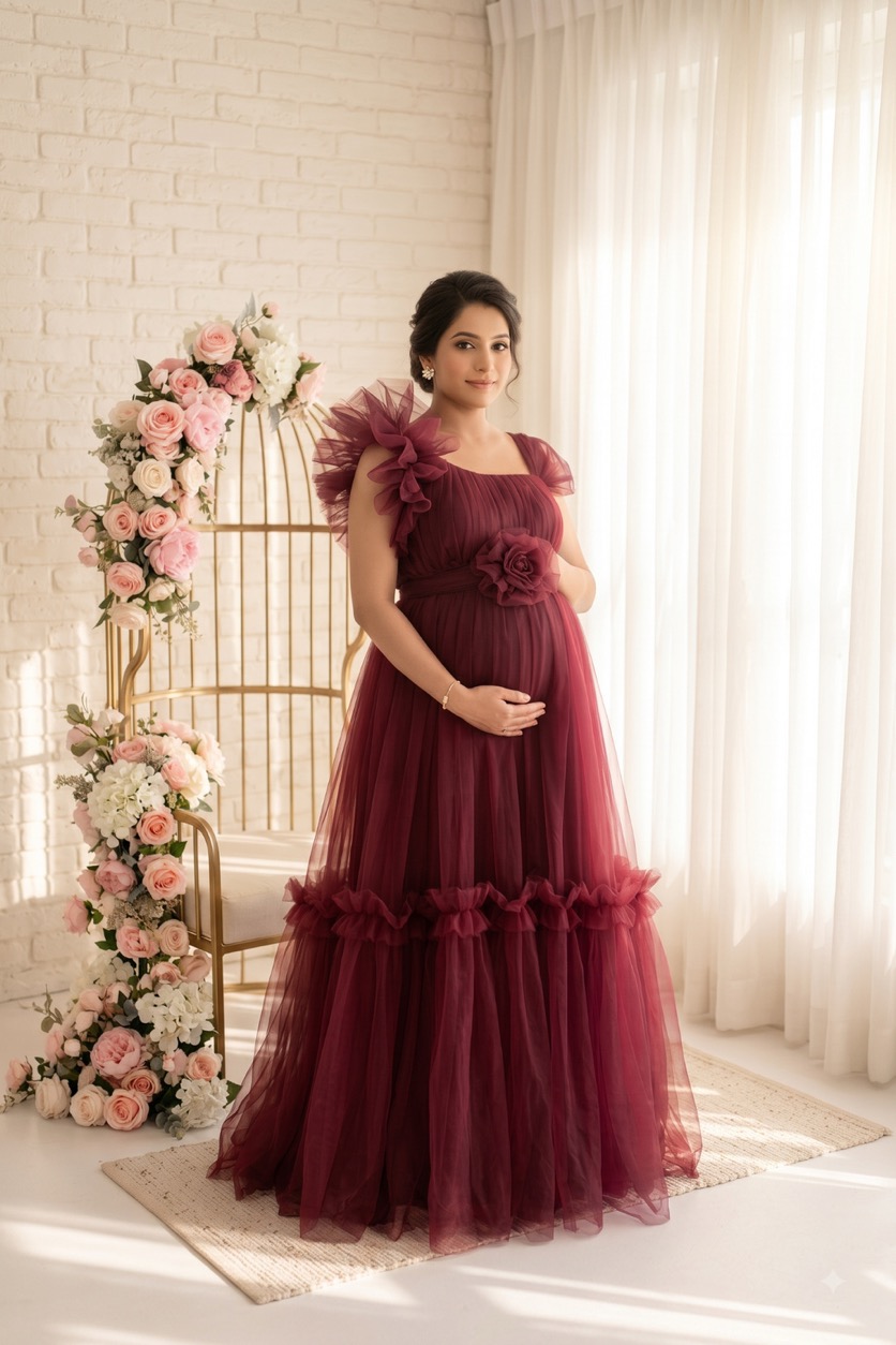 Burgundy Wine Ruffle-Shoulder - maternity photoshoot gown rental in Chennai