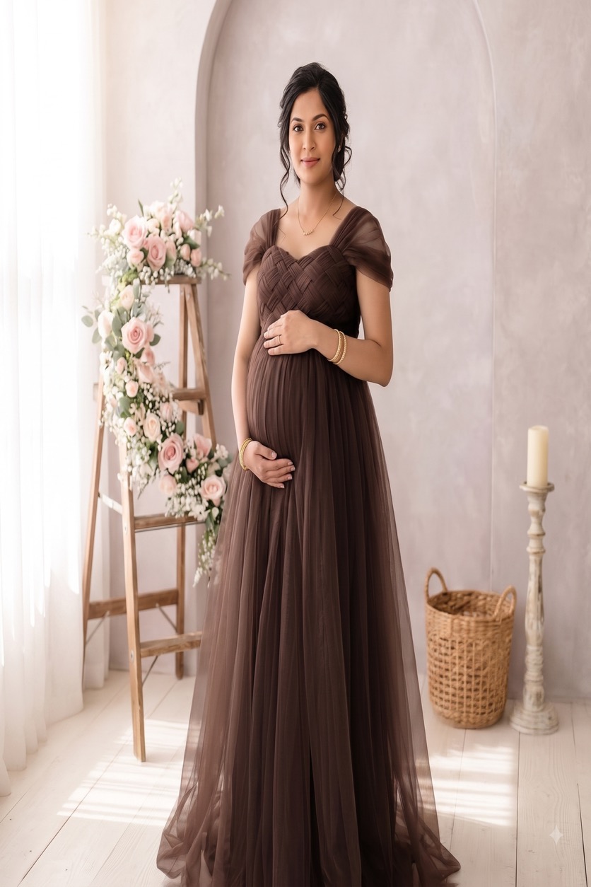 Chocolate Brown Woven Bodice - maternity photoshoot gown rental in Chennai