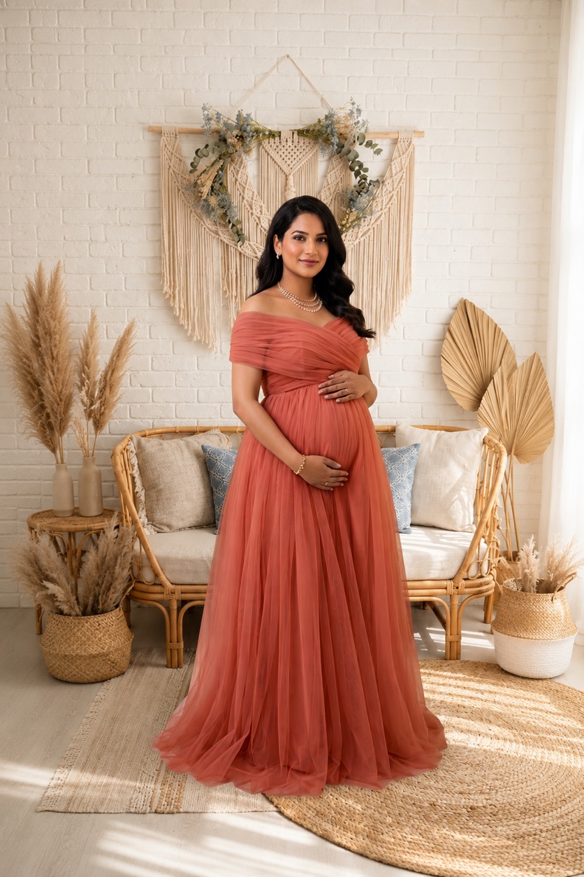 Coral Peach Off-Shoulder Tulle - maternity photoshoot gown rental in Chennai