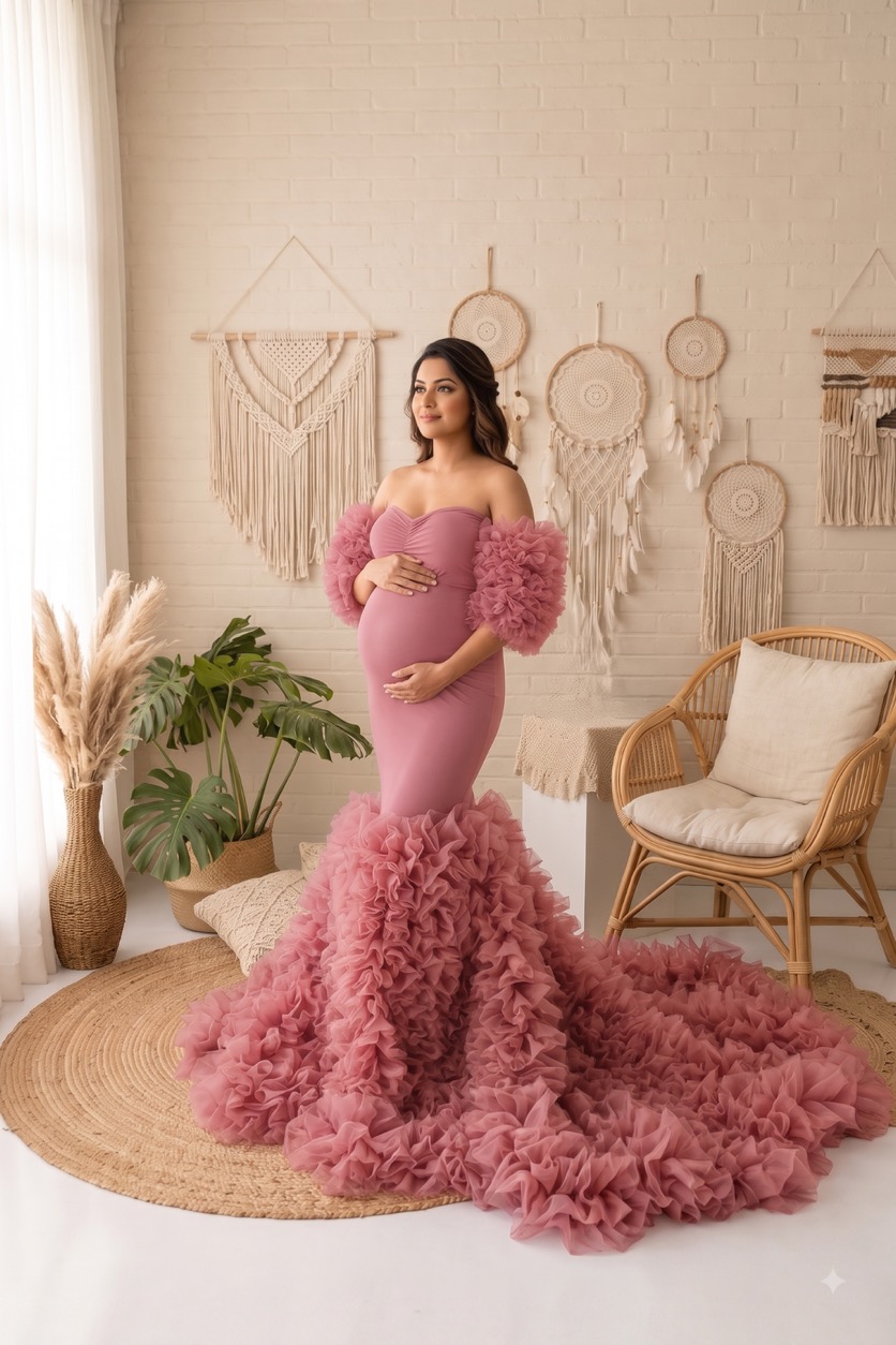 Dusty Rose Mermaid Ruffled - maternity photoshoot gown rental in Chennai