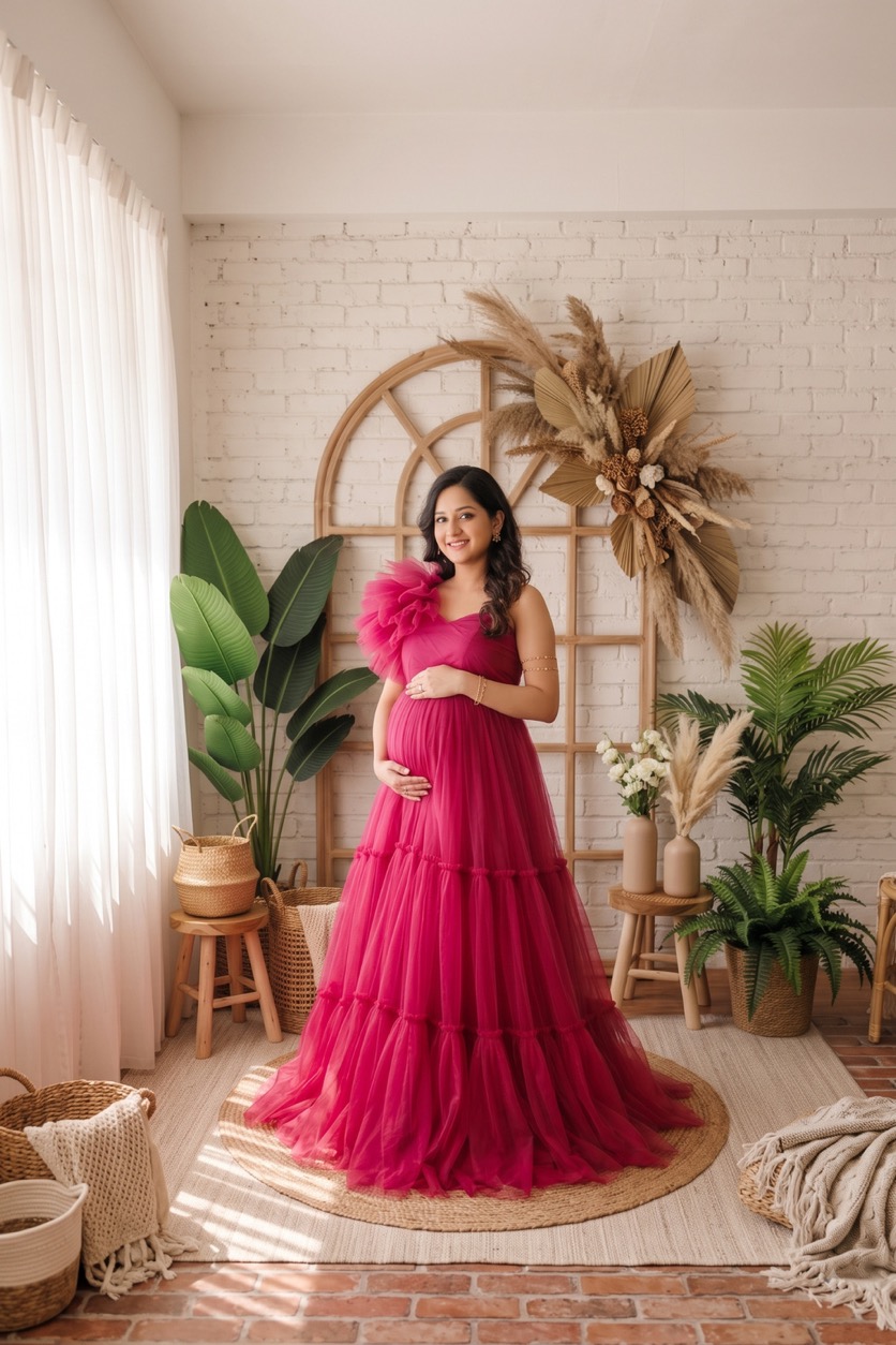 Hot Pink Tiered One-Shoulder - maternity photoshoot gown rental in Chennai