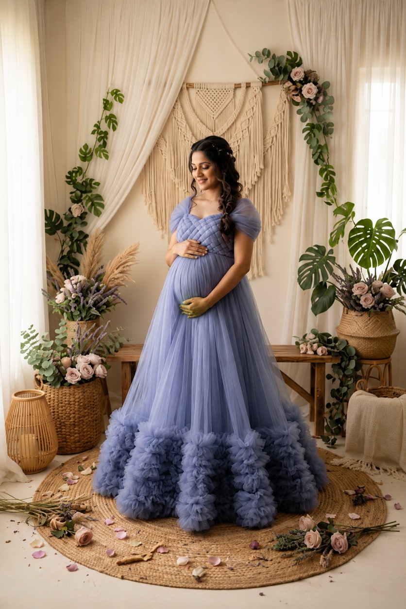 Lavender Woven Bodice Ruffled - maternity photoshoot gown rental in Chennai