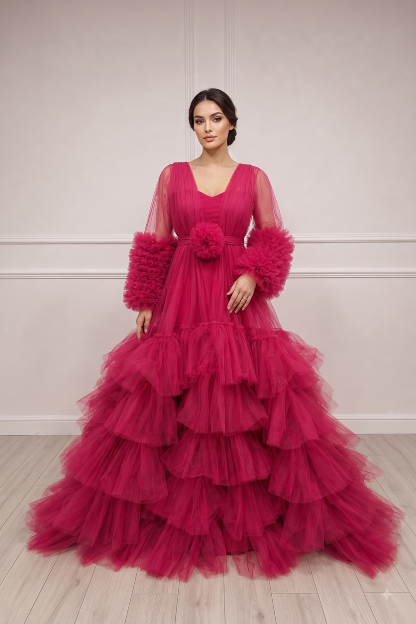 Magenta Tiered Long-Sleeve - maternity photoshoot gown rental in Chennai
