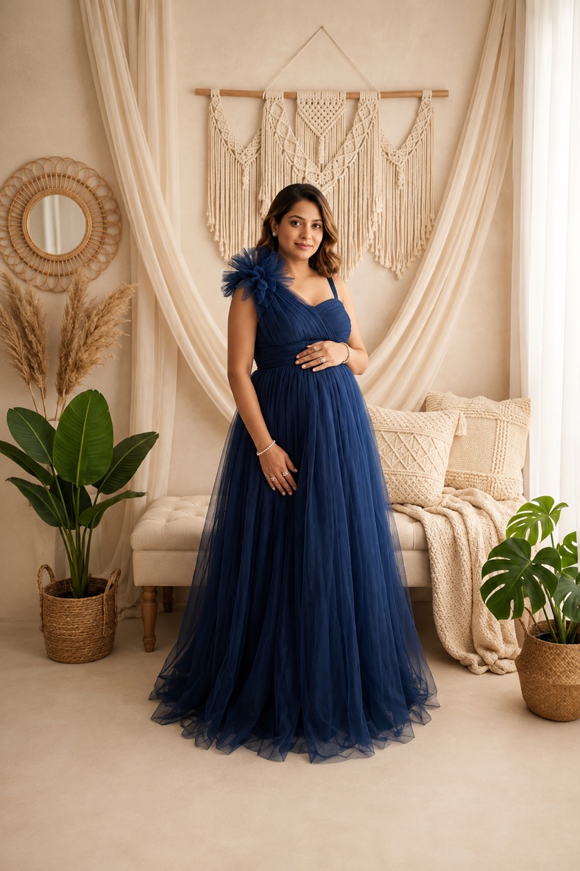 Navy Blue One-Shoulder Rosette - maternity photoshoot gown rental in Chennai
