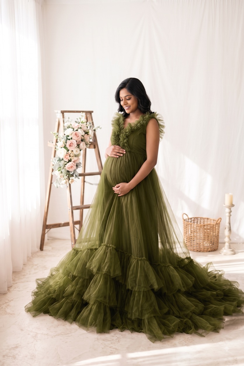 Olive Green Ruffled Tiered - maternity photoshoot gown rental in Chennai