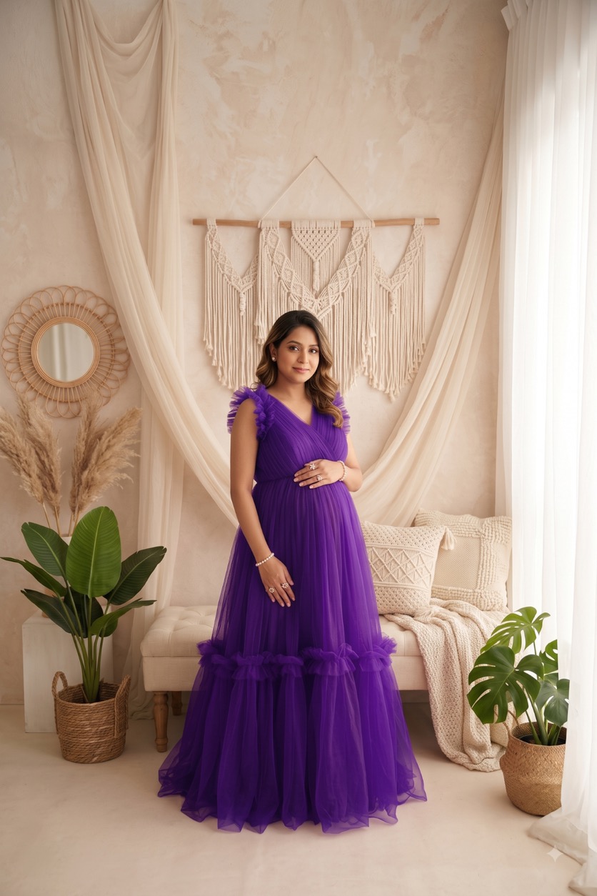 Purple Flowing Cape Tulle - maternity photoshoot gown rental in Chennai