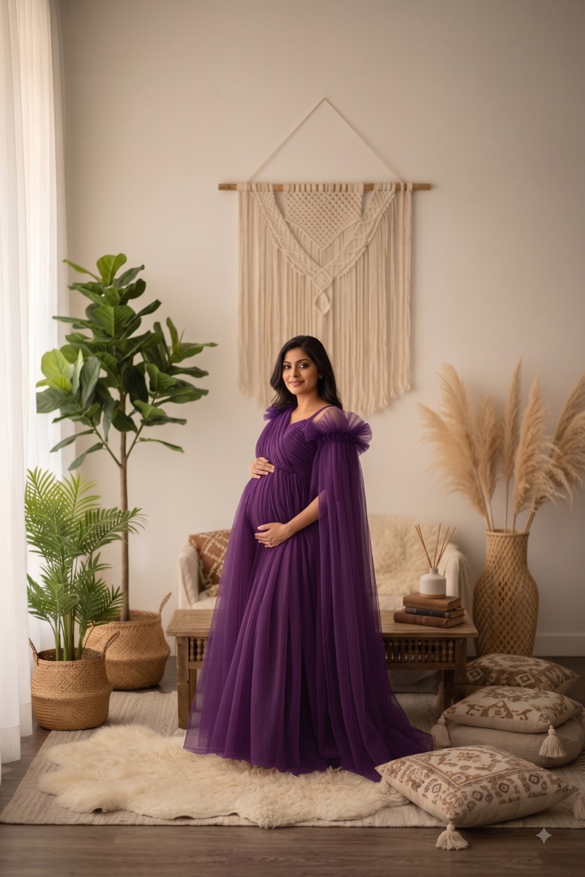 Purple V-Neck Tiered Tulle - maternity photoshoot gown rental in Chennai