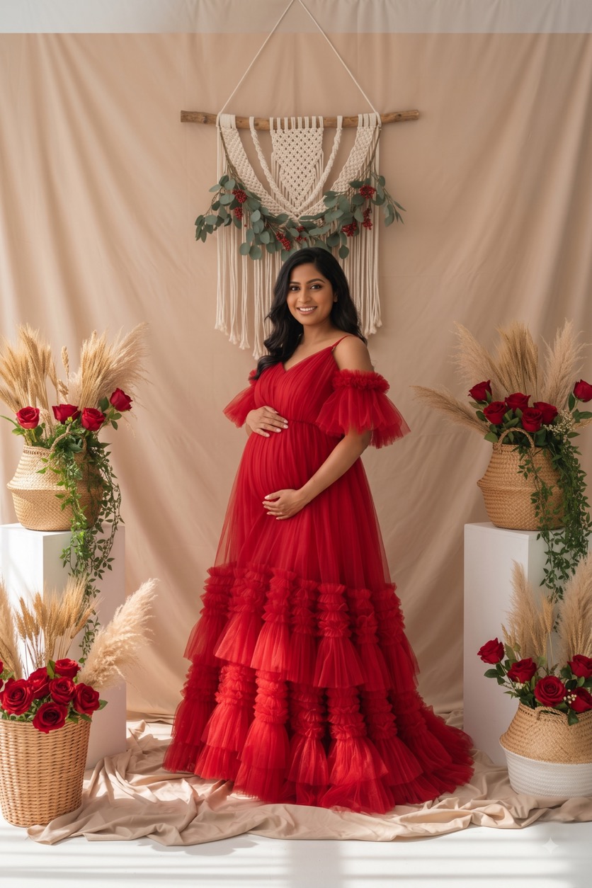 Red Tiered Ruffled Off-Shoulder - maternity photoshoot gown rental in Chennai