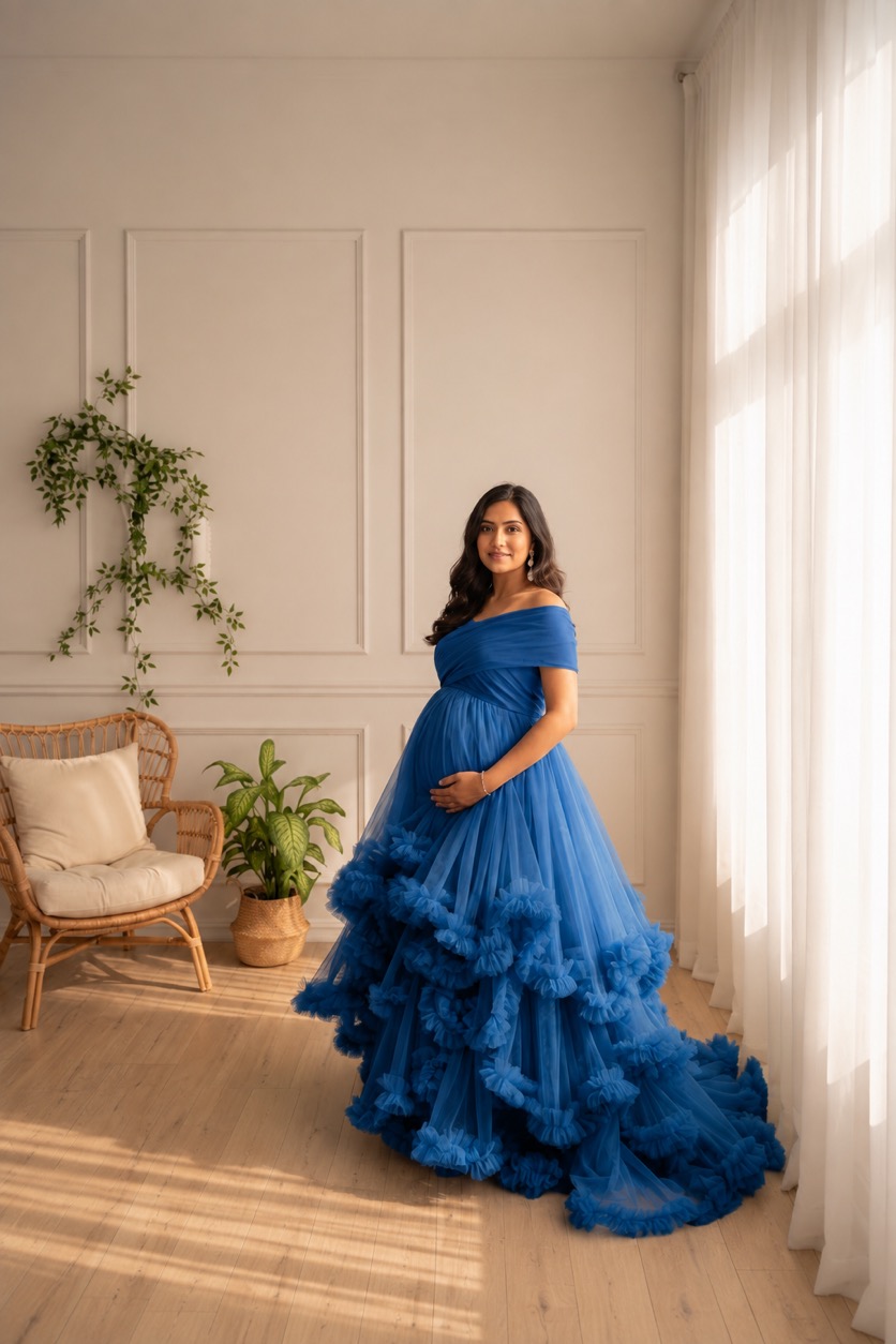 Royal Blue Off-Shoulder Ruffled - maternity photoshoot gown rental in Chennai