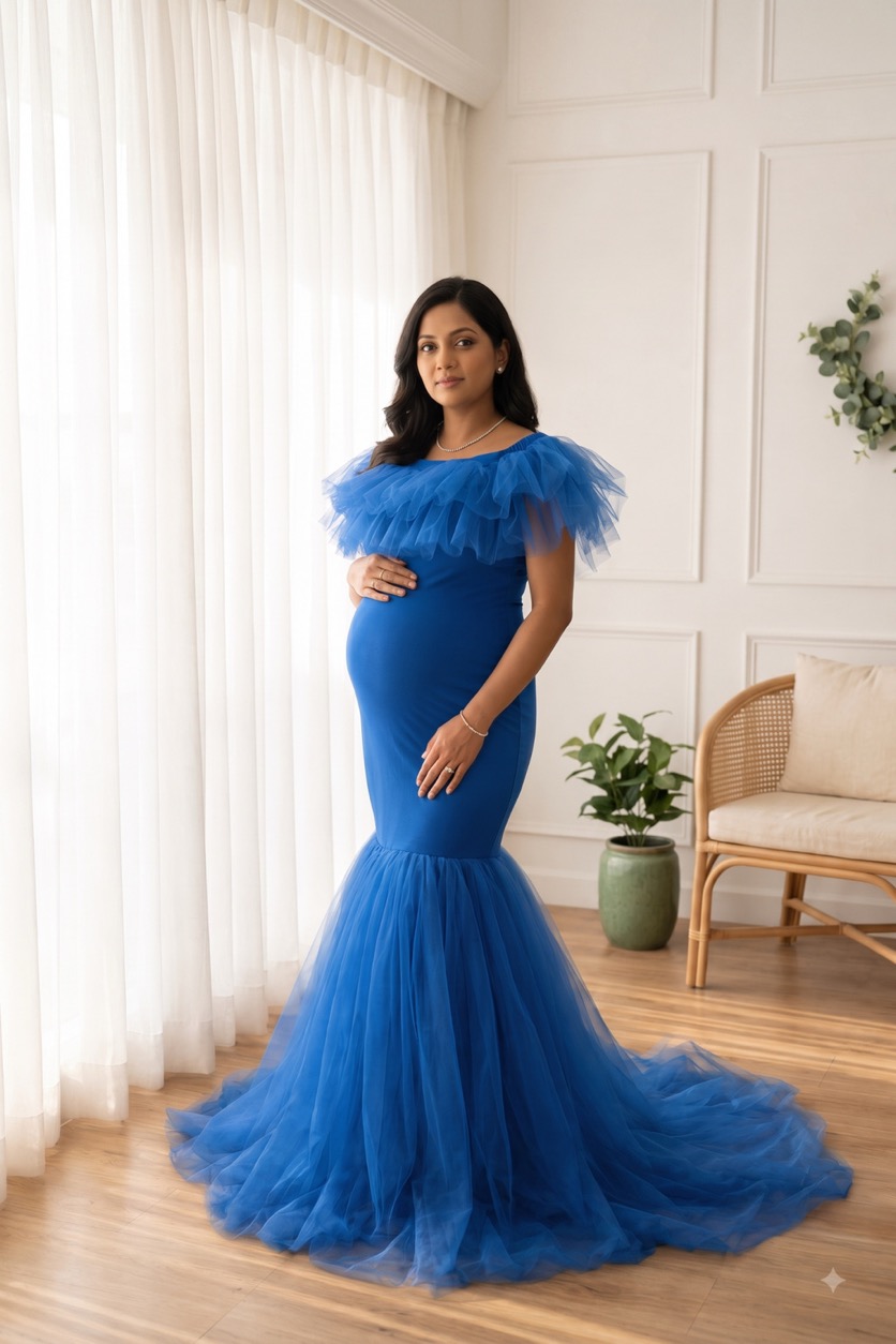 Royal Blue Mermaid Tulle - maternity photoshoot gown rental in Chennai