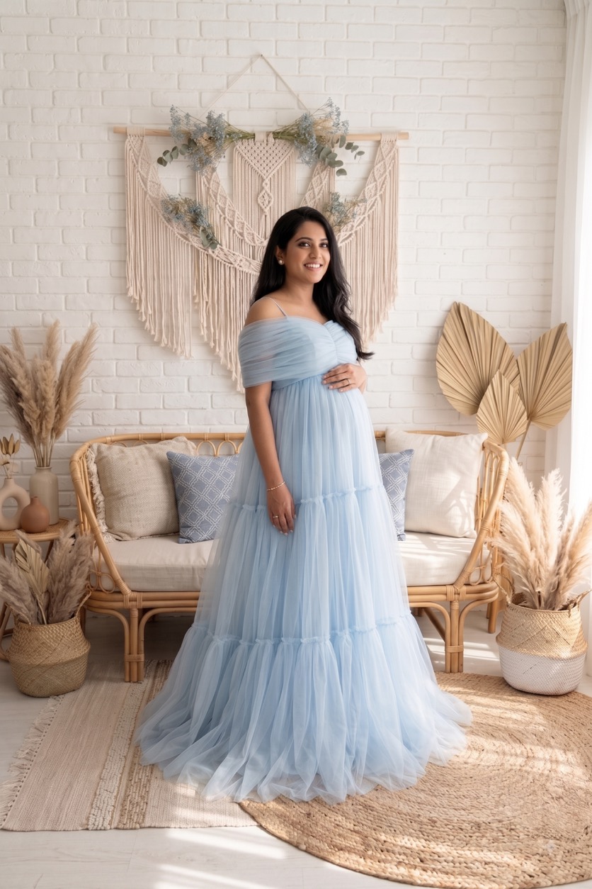 Sky Blue Tiered Off-Shoulder - maternity photoshoot gown rental in Chennai