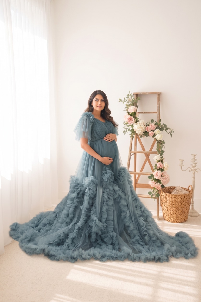 Teal Dusty Blue Ruffled Cape - maternity photoshoot gown rental in Chennai