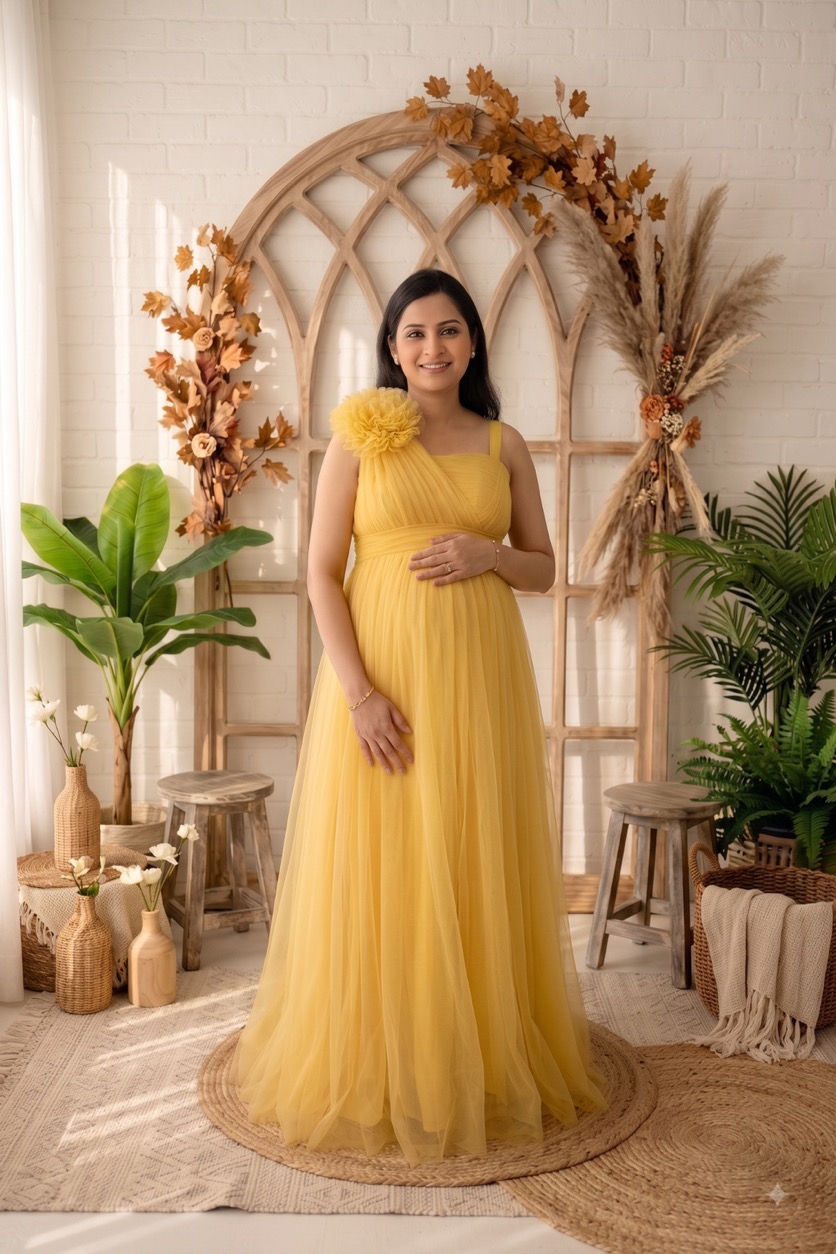 Yellow One-Shoulder Rosette - maternity photoshoot gown rental in Chennai